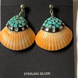 Sterling Silver Spiny Oyster Shell Earrings with Turquoise, Onyx, MOP Mosaic